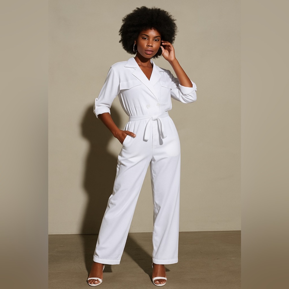 Sophisticated White Jumpsuit with Lapel Collar and Belt